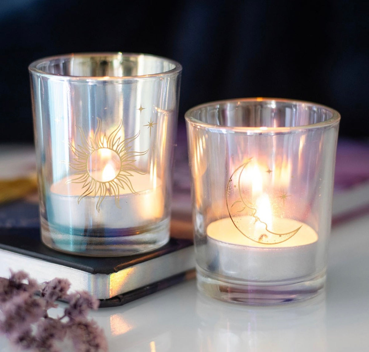 Lot de 2 bougeoirs irisés Soleil & Lune